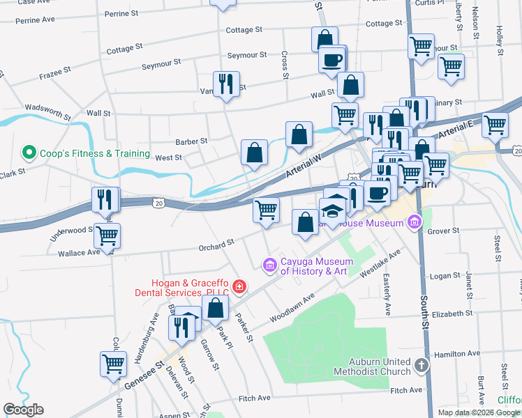 map of restaurants, bars, coffee shops, grocery stores, and more near 31 Washington Street in Auburn