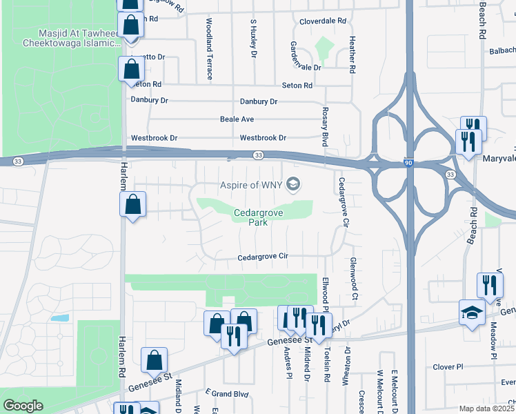 map of restaurants, bars, coffee shops, grocery stores, and more near 33-35 Rockleigh Drive in Cheektowaga