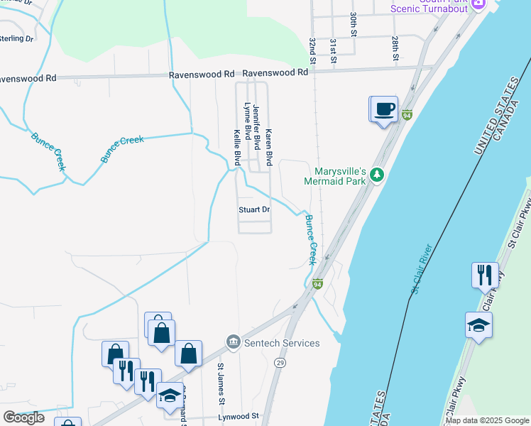 map of restaurants, bars, coffee shops, grocery stores, and more near Douglas Drive in Marysville