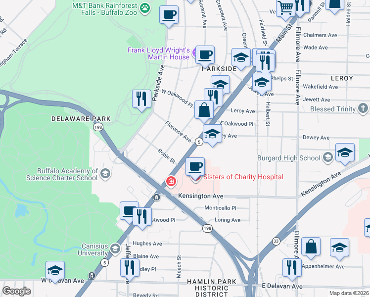 map of restaurants, bars, coffee shops, grocery stores, and more near 2214 Main Street in Buffalo