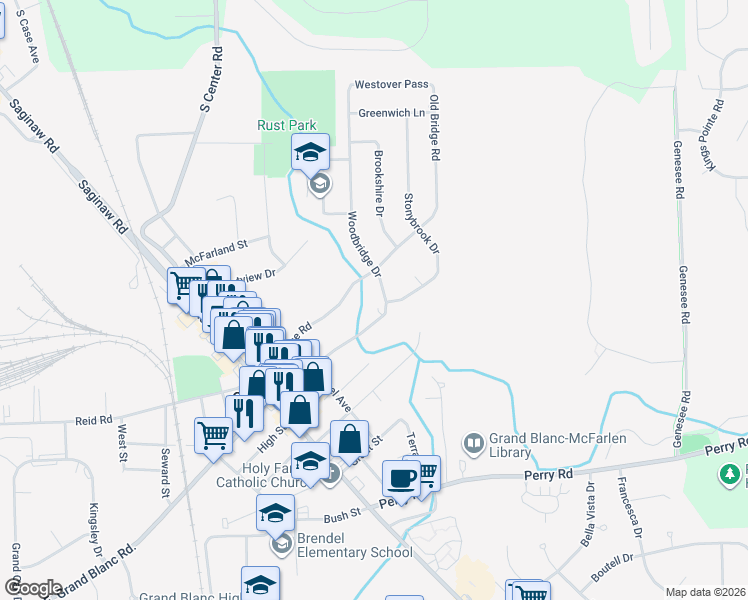 map of restaurants, bars, coffee shops, grocery stores, and more near 415 Woodbridge Drive in Grand Blanc