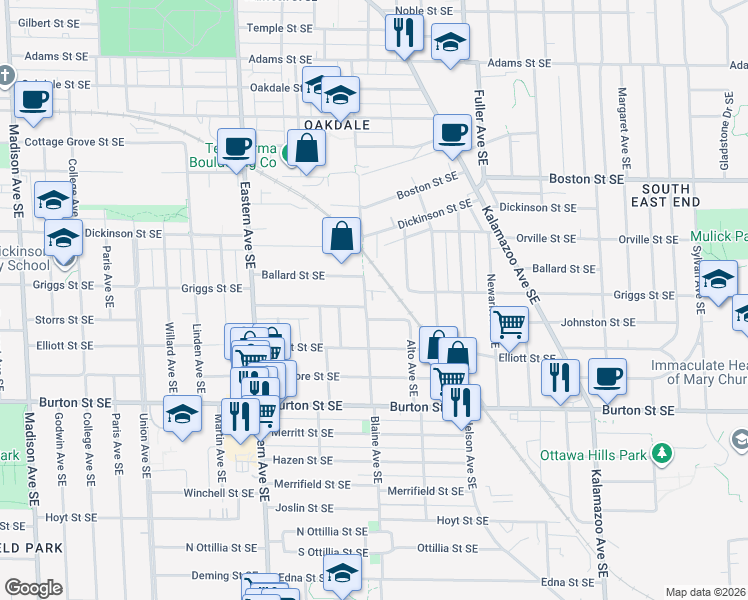 map of restaurants, bars, coffee shops, grocery stores, and more near 1019 Johnston Street Southeast in Grand Rapids