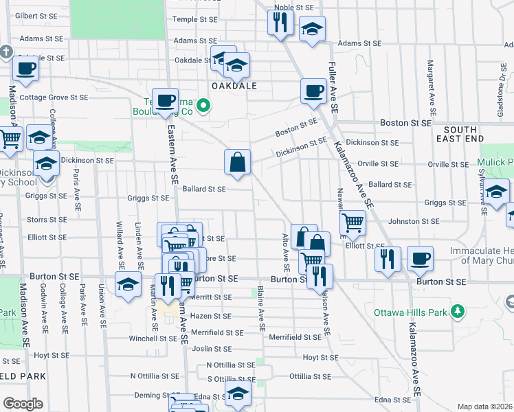 map of restaurants, bars, coffee shops, grocery stores, and more near 938 Griggs Street Southeast in Grand Rapids