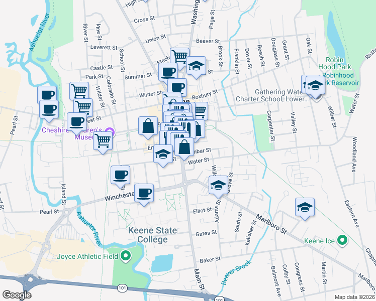 map of restaurants, bars, coffee shops, grocery stores, and more near 10 Dunbar Street in Keene