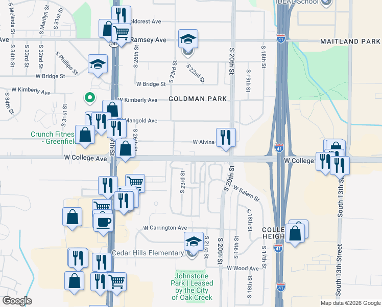 map of restaurants, bars, coffee shops, grocery stores, and more near 2230 West College Avenue in Milwaukee