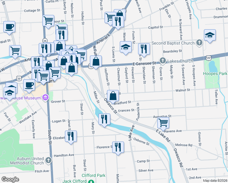 map of restaurants, bars, coffee shops, grocery stores, and more near 62 Owasco Street in Auburn