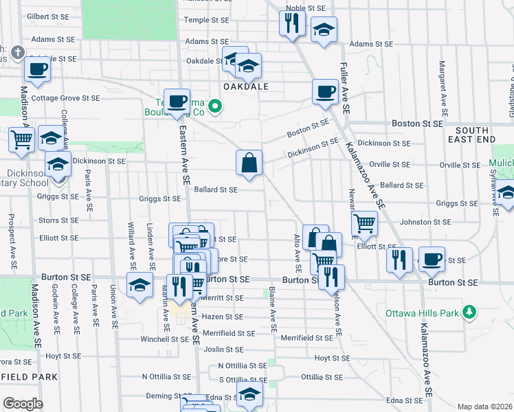 map of restaurants, bars, coffee shops, grocery stores, and more near 938 Griggs Street Southeast in Grand Rapids