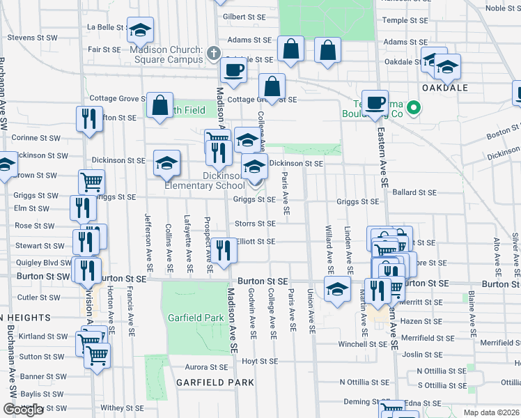 map of restaurants, bars, coffee shops, grocery stores, and more near 453 Storrs Street Southeast in Grand Rapids