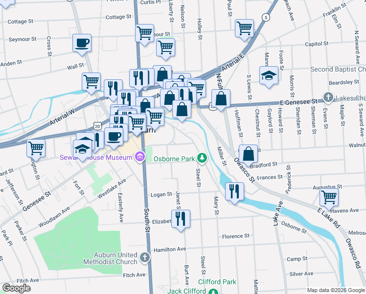 map of restaurants, bars, coffee shops, grocery stores, and more near 29 Grover Street in Auburn