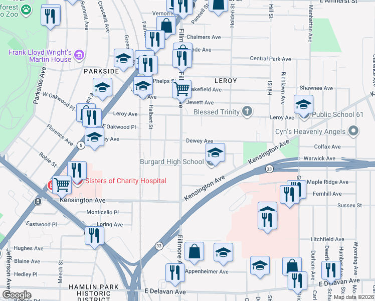 map of restaurants, bars, coffee shops, grocery stores, and more near 14 Drexel Road in Buffalo