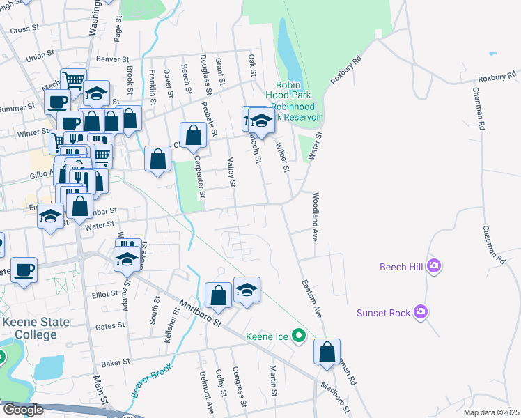 map of restaurants, bars, coffee shops, grocery stores, and more near 8 Victoria Court in Keene