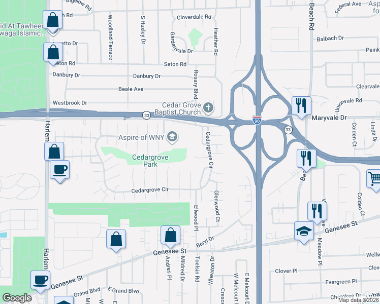 map of restaurants, bars, coffee shops, grocery stores, and more near 33-35 Elkhurst Drive in Cheektowaga