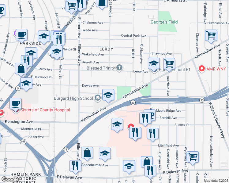 map of restaurants, bars, coffee shops, grocery stores, and more near 492 Kensington Avenue in Buffalo