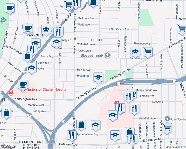 map of restaurants, bars, coffee shops, grocery stores, and more near 99 Drexel Road in Buffalo
