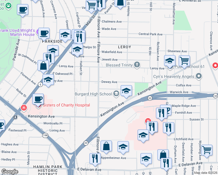 map of restaurants, bars, coffee shops, grocery stores, and more near 52 Van Gorder Street in Buffalo