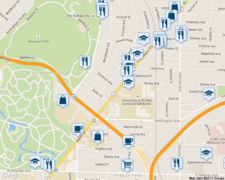 map of restaurants, bars, coffee shops, grocery stores, and more near 2214 Main Street in Buffalo