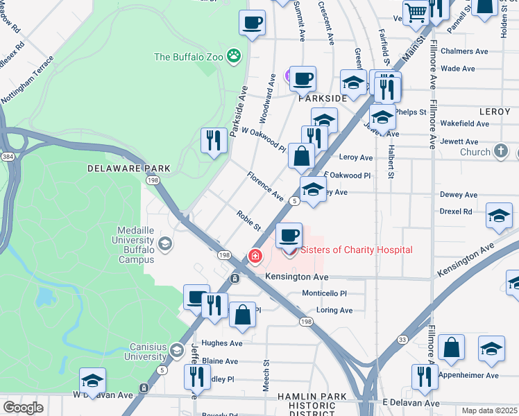 map of restaurants, bars, coffee shops, grocery stores, and more near 24 Robie Street in Buffalo