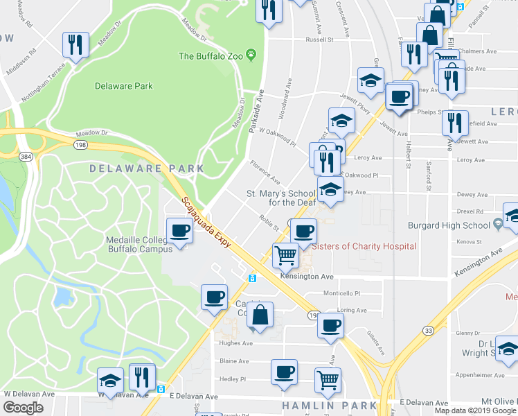 map of restaurants, bars, coffee shops, grocery stores, and more near 24 Robie Street in Buffalo