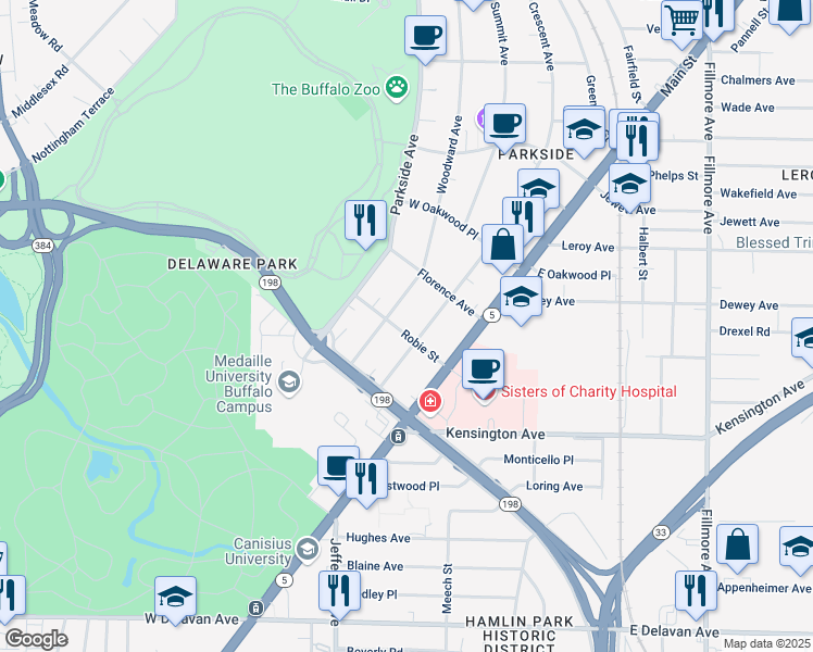 map of restaurants, bars, coffee shops, grocery stores, and more near 24 Robie Street in Buffalo