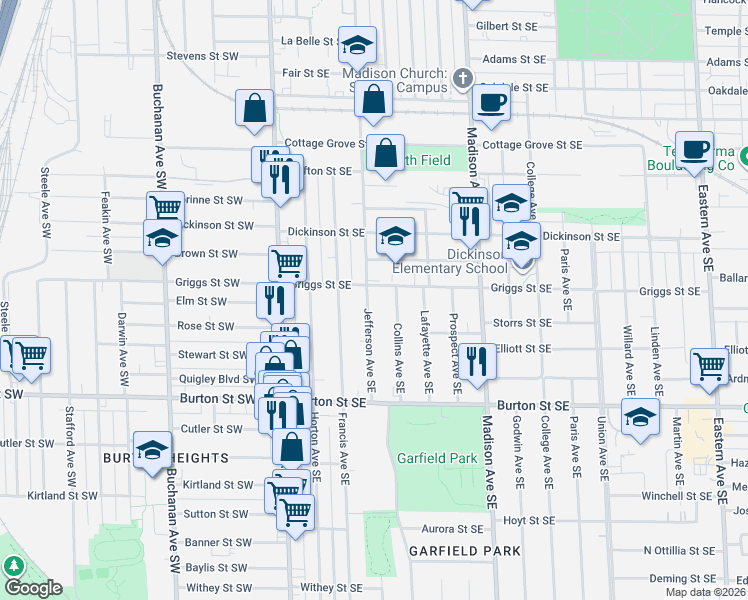 map of restaurants, bars, coffee shops, grocery stores, and more near 1843 Jefferson Avenue Southeast in Grand Rapids