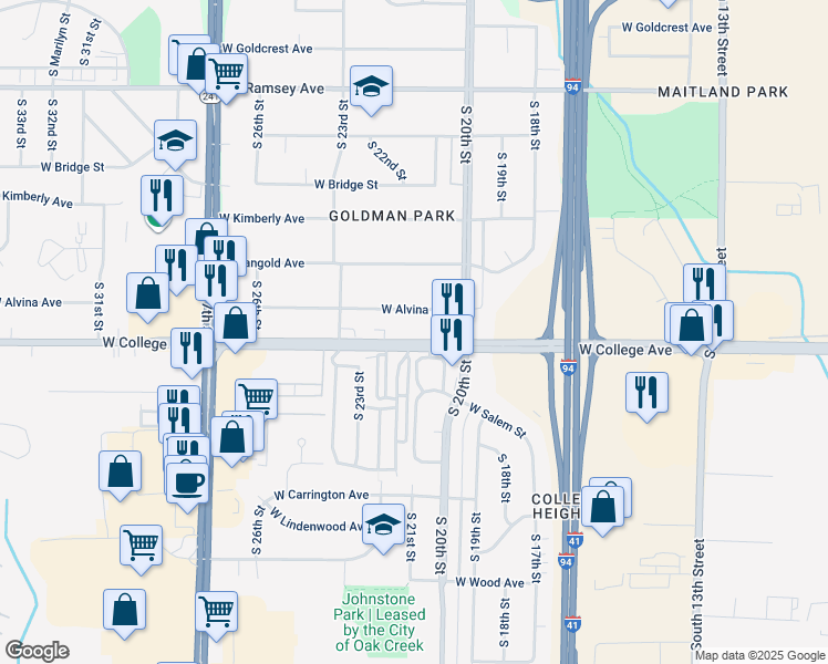 map of restaurants, bars, coffee shops, grocery stores, and more near 2200 West College Avenue in Milwaukee