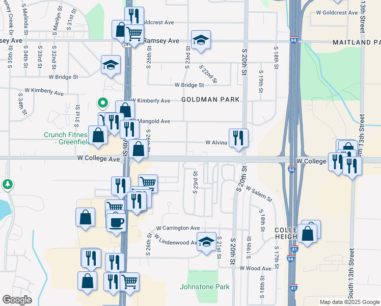 map of restaurants, bars, coffee shops, grocery stores, and more near 501 South 23rd Street in Oak Creek