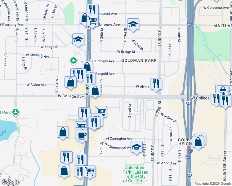 map of restaurants, bars, coffee shops, grocery stores, and more near 2137 West College Avenue in Oak Creek