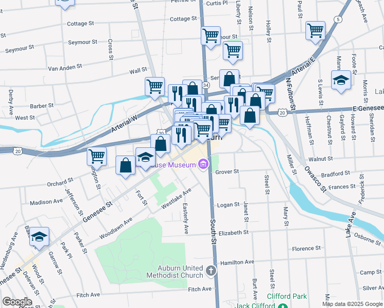 map of restaurants, bars, coffee shops, grocery stores, and more near 1 Lincoln Street in Auburn