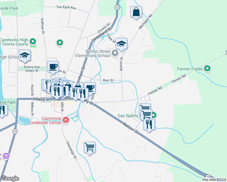 map of restaurants, bars, coffee shops, grocery stores, and more near 23 Fenner Street in Cazenovia