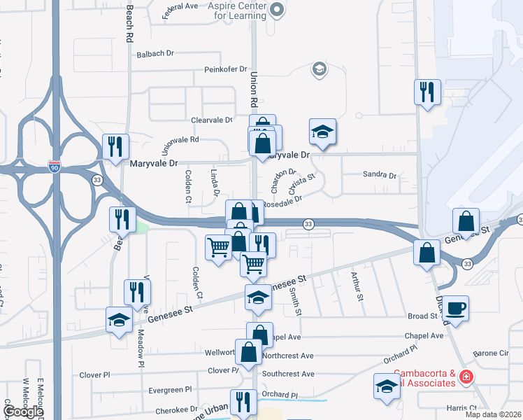 map of restaurants, bars, coffee shops, grocery stores, and more near 30 Leo Place in Cheektowaga