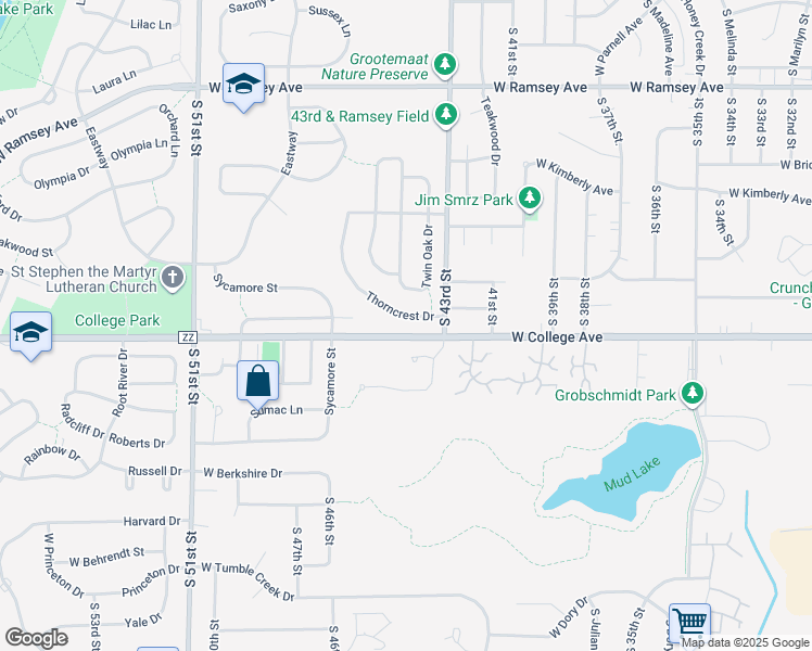 map of restaurants, bars, coffee shops, grocery stores, and more near 4318 Skylark Court in Greendale