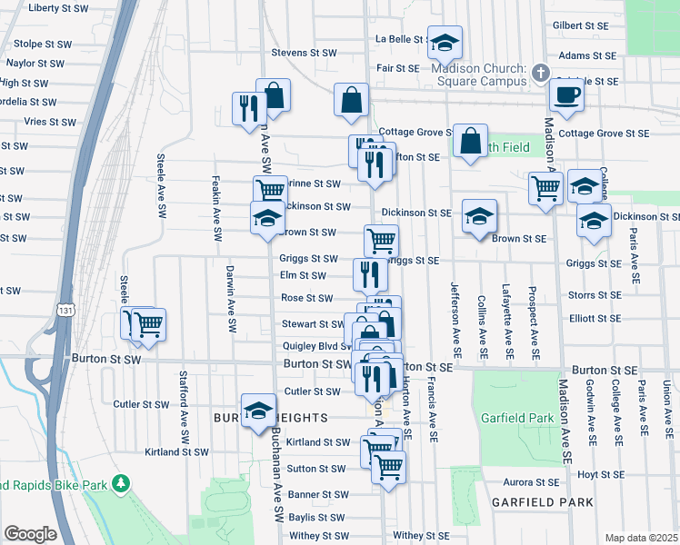 map of restaurants, bars, coffee shops, grocery stores, and more near 29 Griggs Street Southwest in Grand Rapids