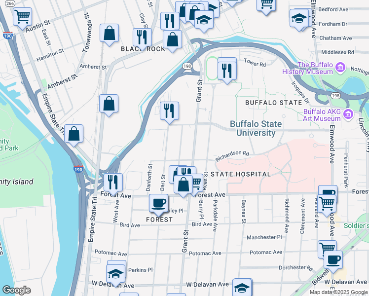 map of restaurants, bars, coffee shops, grocery stores, and more near 111 Hawley Street in Buffalo