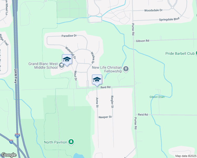 map of restaurants, bars, coffee shops, grocery stores, and more near 2103 Reid Road in Grand Blanc