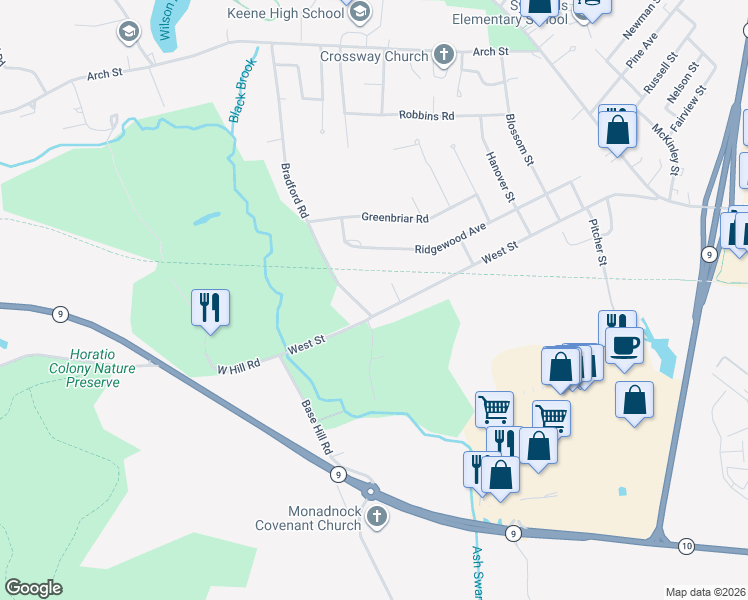 map of restaurants, bars, coffee shops, grocery stores, and more near 685 West Street in Keene