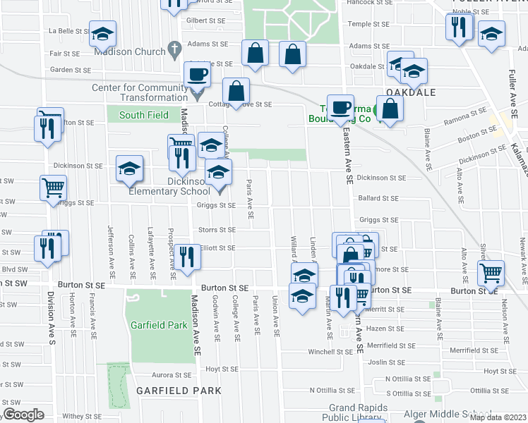 map of restaurants, bars, coffee shops, grocery stores, and more near 550 Griggs Street Southeast in Grand Rapids