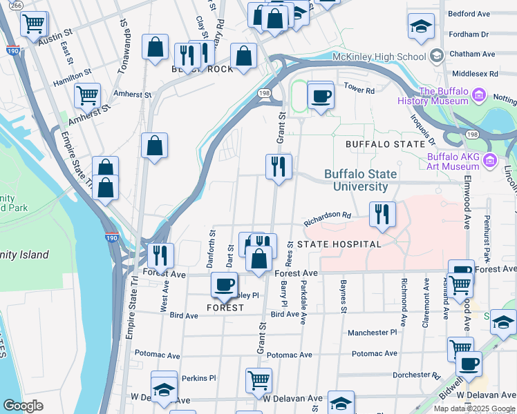 map of restaurants, bars, coffee shops, grocery stores, and more near 111 Hawley Street in Buffalo