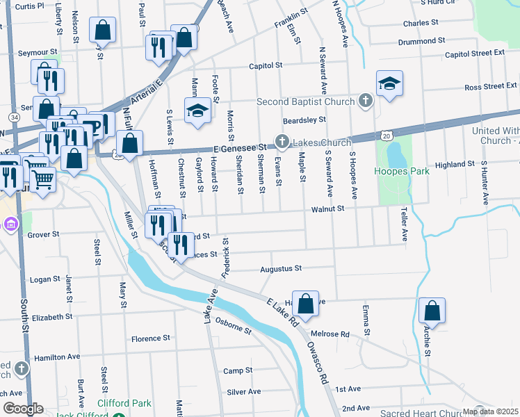 map of restaurants, bars, coffee shops, grocery stores, and more near 26 Sherman Street in Auburn