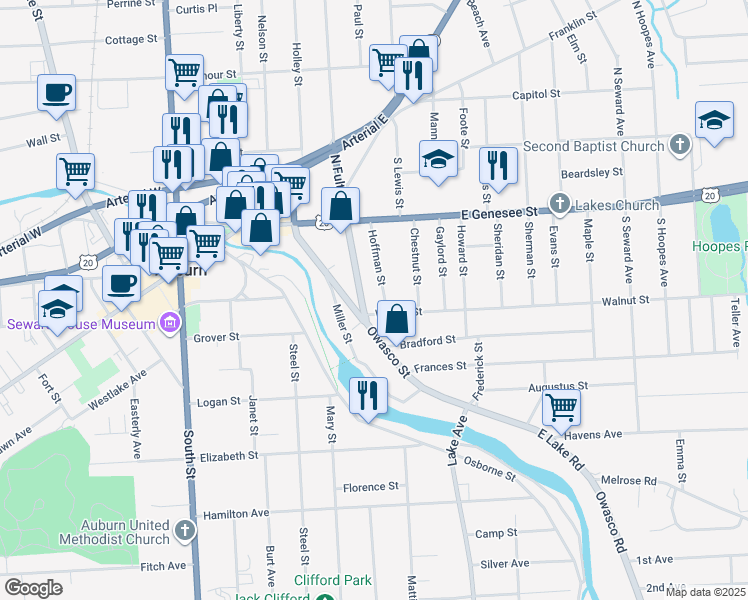 map of restaurants, bars, coffee shops, grocery stores, and more near 133 South Fulton Street in Auburn