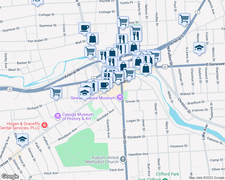 map of restaurants, bars, coffee shops, grocery stores, and more near 103-105 Genesee Street in Auburn