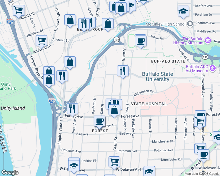 map of restaurants, bars, coffee shops, grocery stores, and more near 135 Dart Street in Buffalo