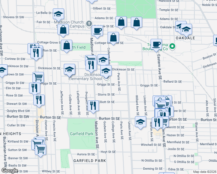 map of restaurants, bars, coffee shops, grocery stores, and more near 1743 College Avenue Southeast in Grand Rapids