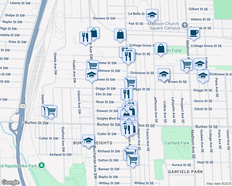 map of restaurants, bars, coffee shops, grocery stores, and more near 29 Griggs Street Southwest in Grand Rapids