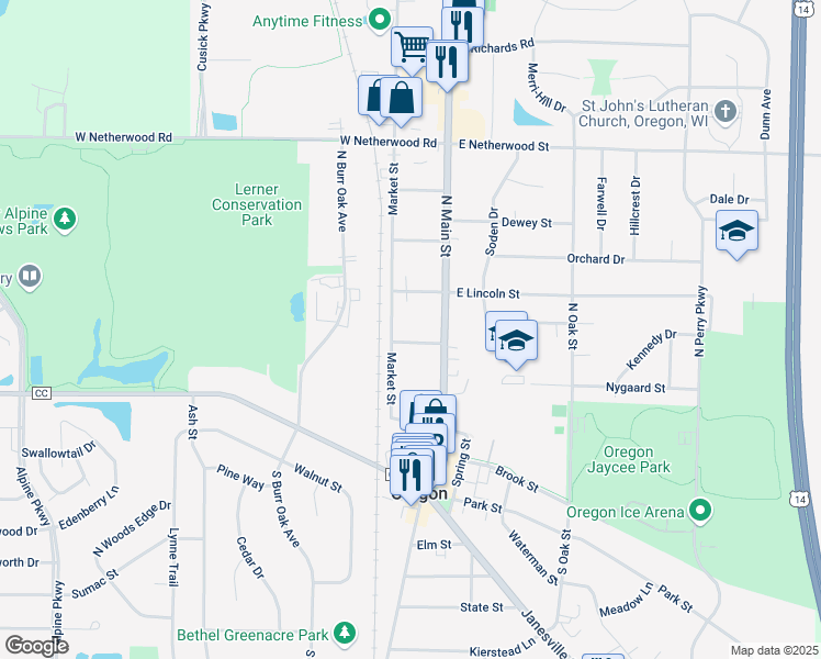 map of restaurants, bars, coffee shops, grocery stores, and more near 144 West Lincoln Street in Oregon