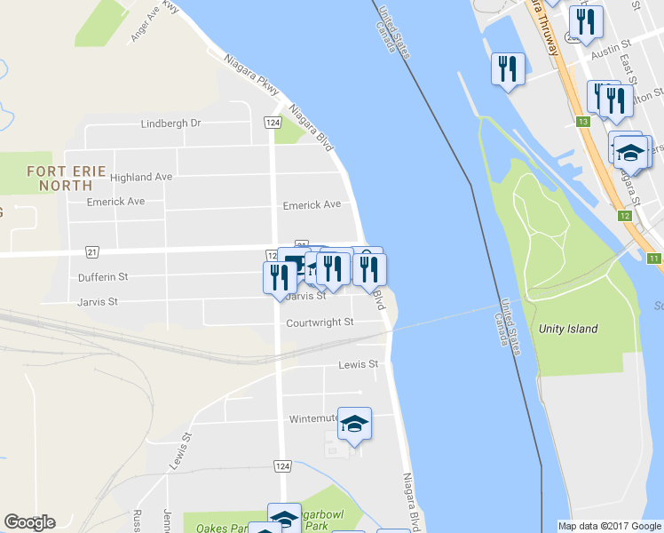 map of restaurants, bars, coffee shops, grocery stores, and more near 20 Dufferin Street in Fort Erie