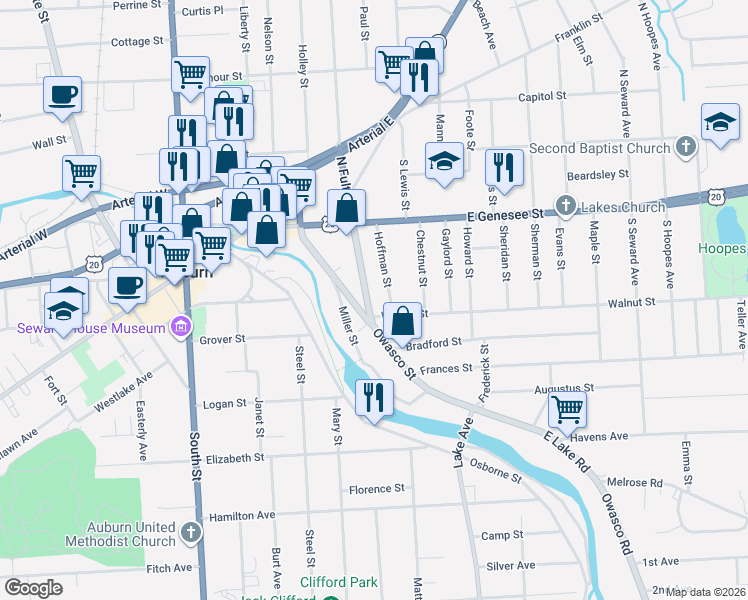 map of restaurants, bars, coffee shops, grocery stores, and more near 146 South Fulton Street in Auburn