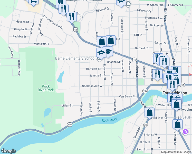 map of restaurants, bars, coffee shops, grocery stores, and more near 310 Shirley Street in Fort Atkinson