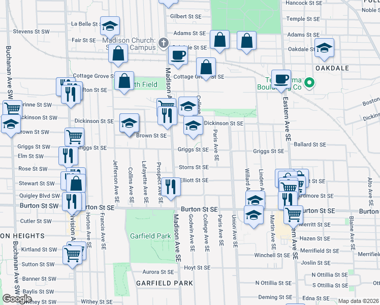 map of restaurants, bars, coffee shops, grocery stores, and more near 434 Griggs Street Southeast in Grand Rapids