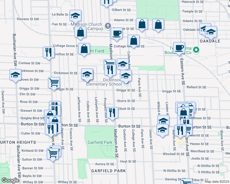 map of restaurants, bars, coffee shops, grocery stores, and more near 1802 Madison Avenue Southeast in Grand Rapids