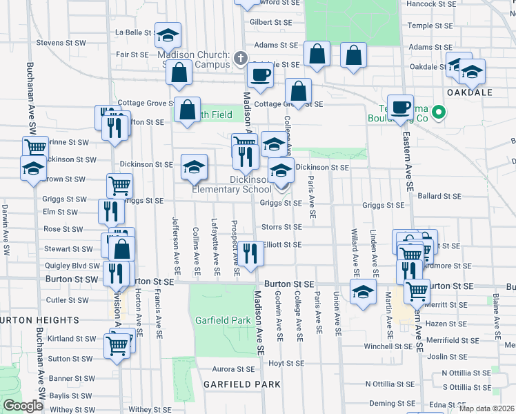 map of restaurants, bars, coffee shops, grocery stores, and more near 1741 Godwin Avenue Southeast in Grand Rapids